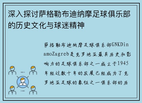 深入探讨萨格勒布迪纳摩足球俱乐部的历史文化与球迷精神